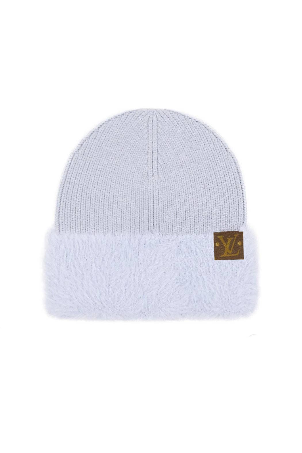 Upcycled Faux Fur Cuff Beanie: Beige