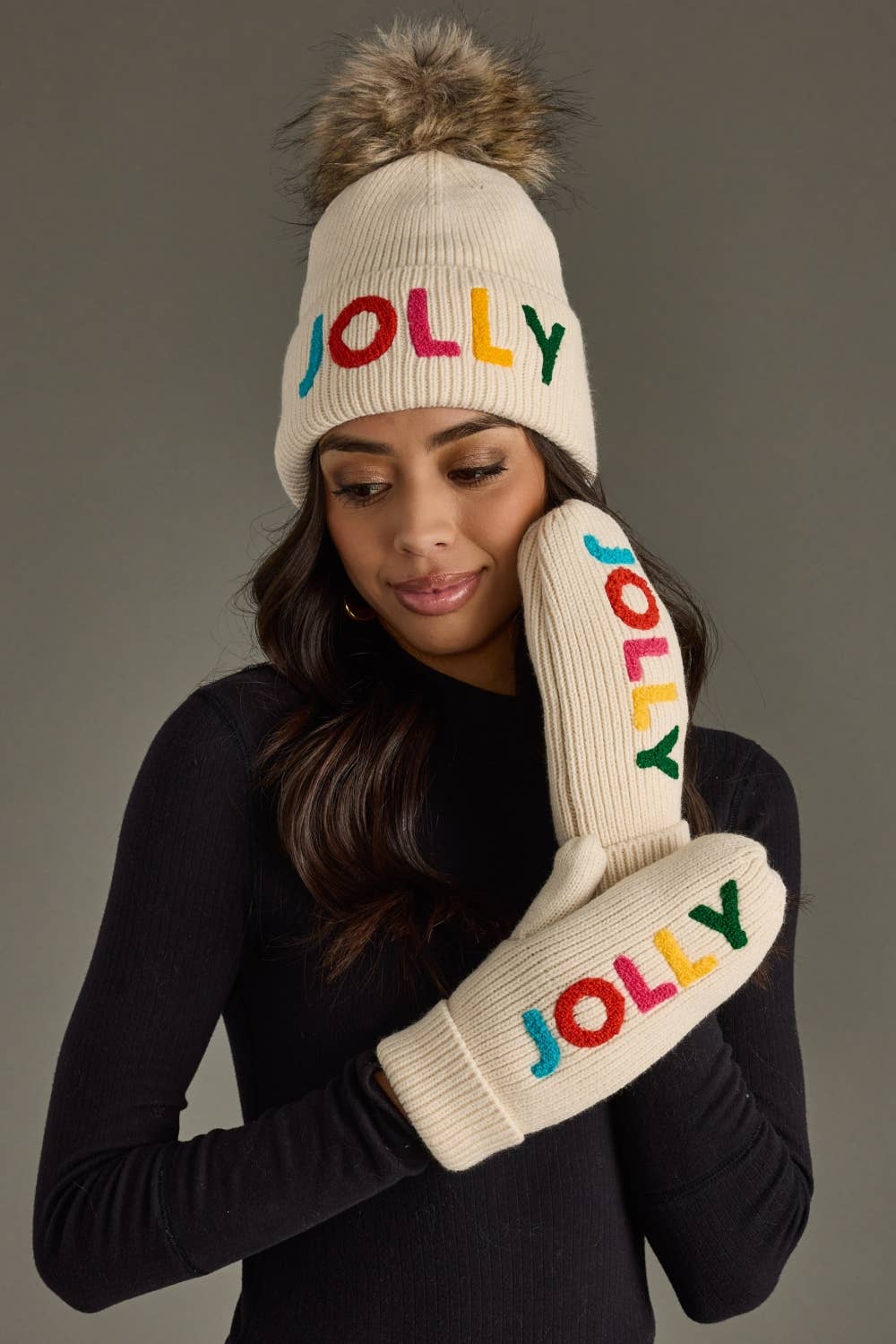 Beige Jolly Knit Pom Hat