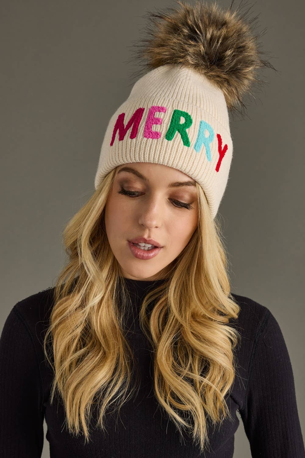 Beige Merry Knit Pom Hat