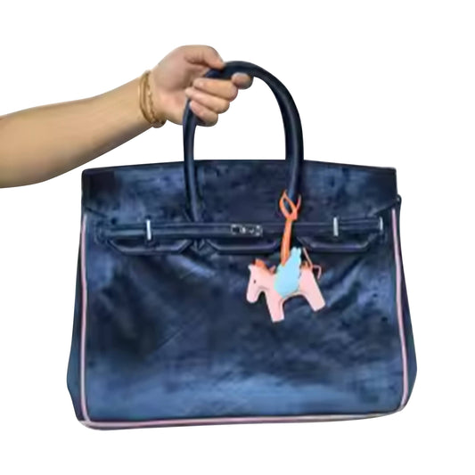 "The London" Velvet Tote Bag: Dark Teal/Light Pink