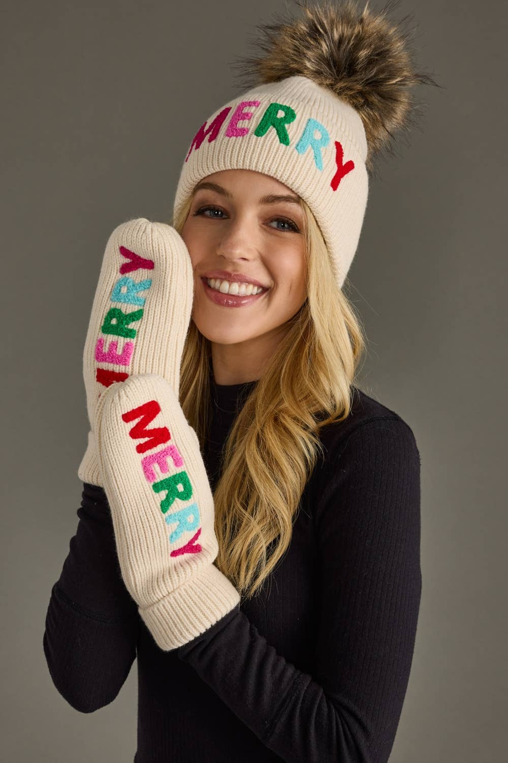 Beige Merry Knit Pom Hat