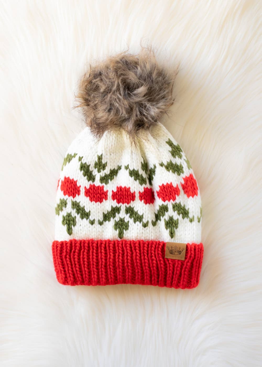 Ivory & Red Holly Patterned Pom Hat