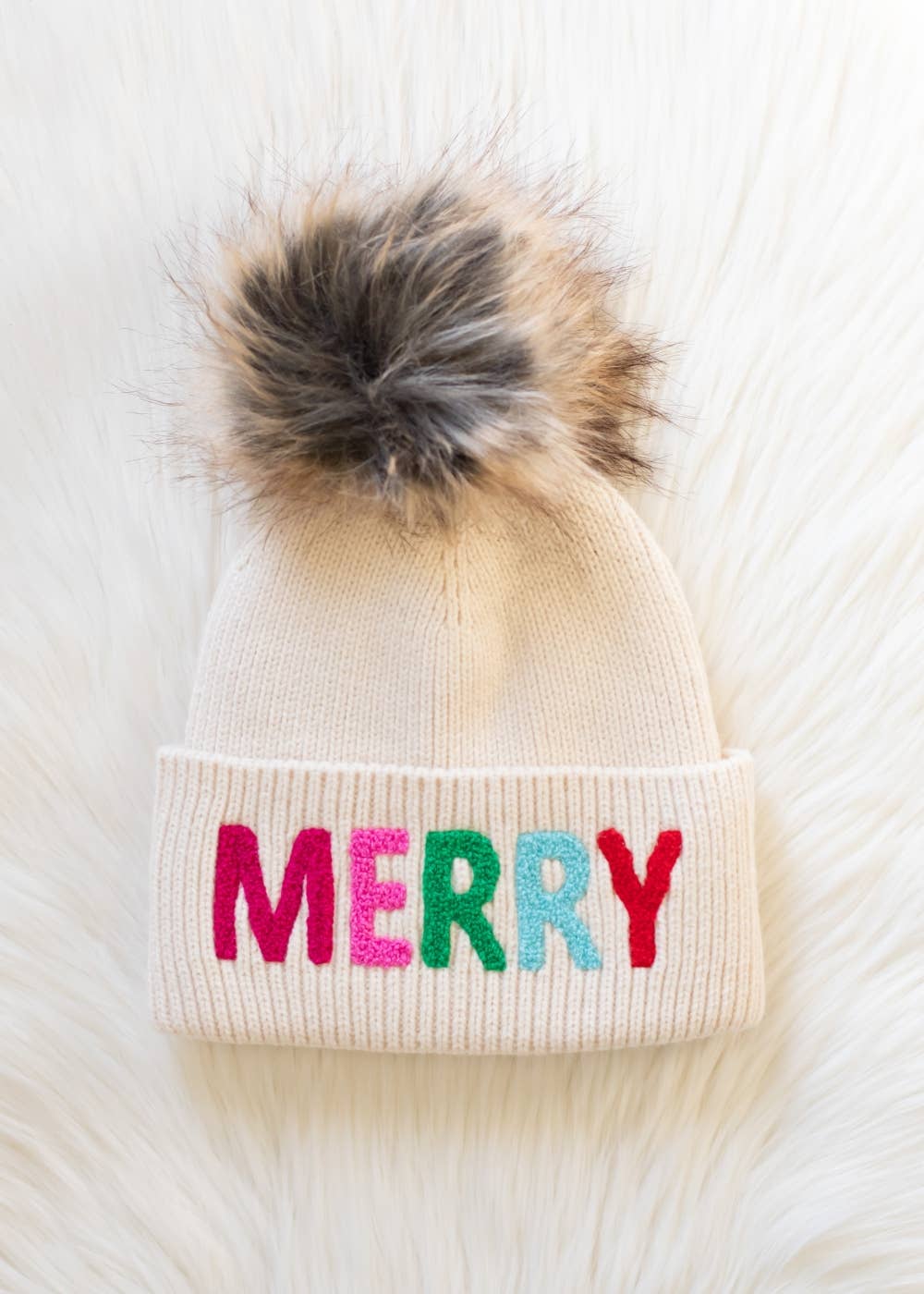 Beige Merry Knit Pom Hat