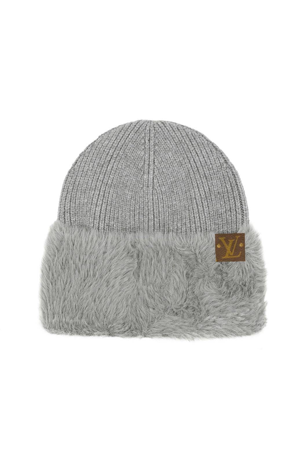Upcycled Faux Fur Cuff Beanie: Black with Authentic Louis Vuitton Patch