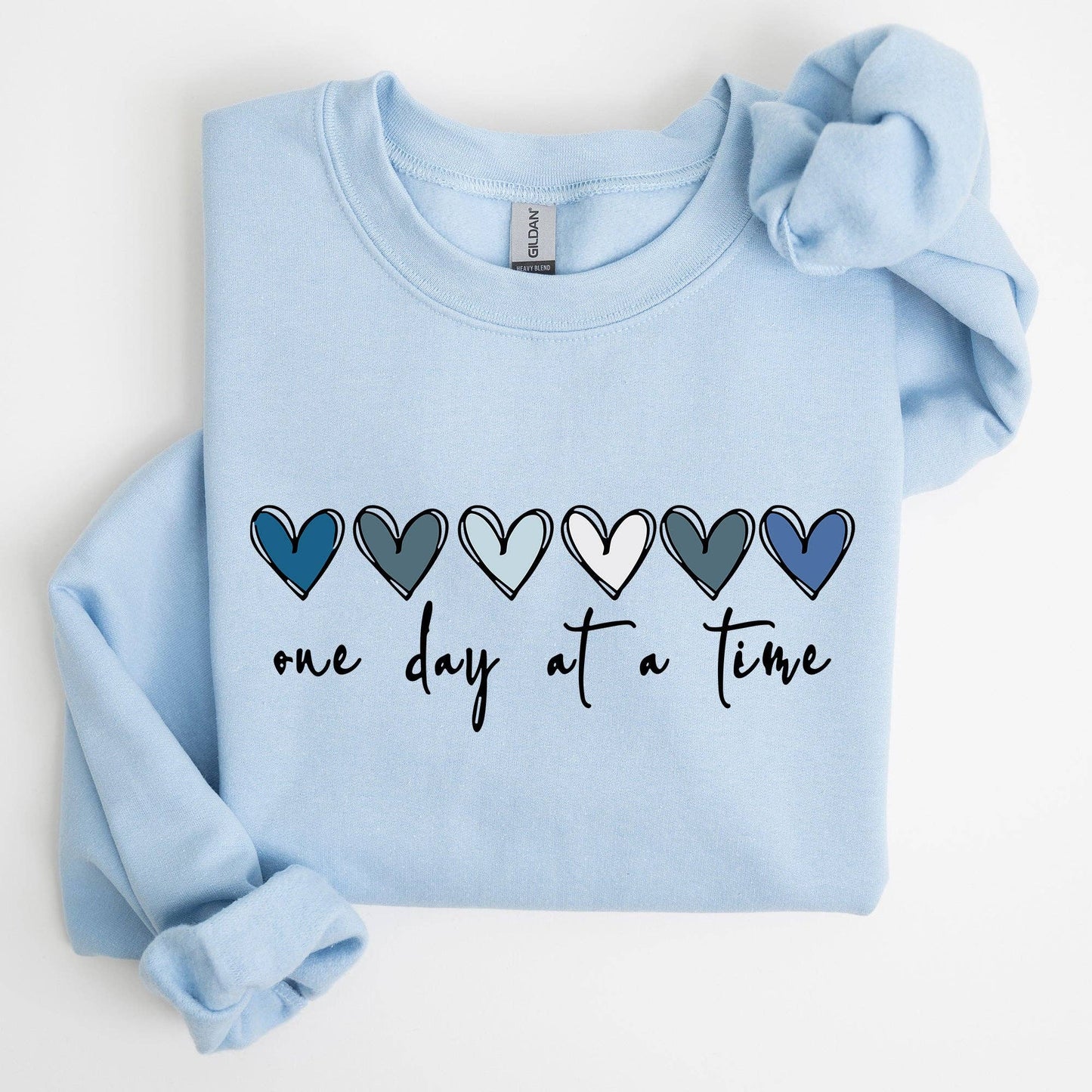 One Day At A Time, Mental Health,Wellness, Hearts Sweatshirt: White / Large