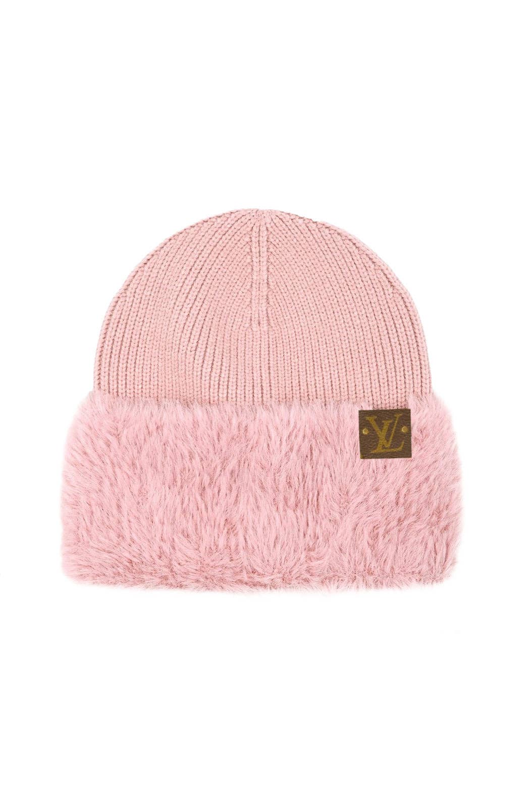 Upcycled Faux Fur Cuff Beanie: Beige