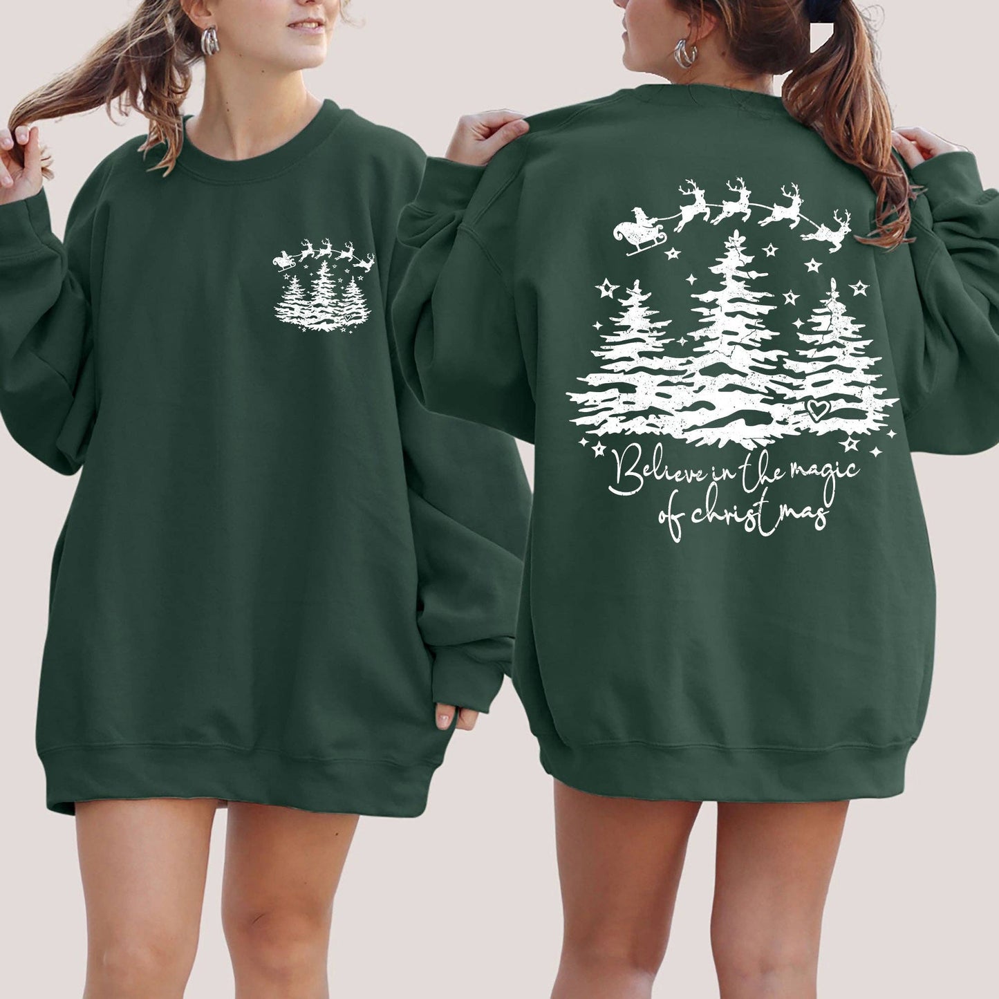 Believe In The Magic Of Christmas Santa Tree Snow Sweatshirt: Light Pink / Small