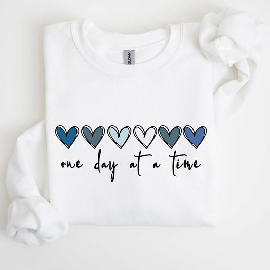 One Day At A Time, Mental Health,Wellness, Hearts Sweatshirt: White / Medium