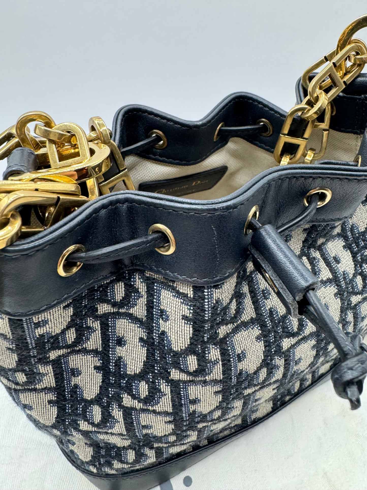 Dior Navy Oblique Canvas & Leather Mini Bucket bag