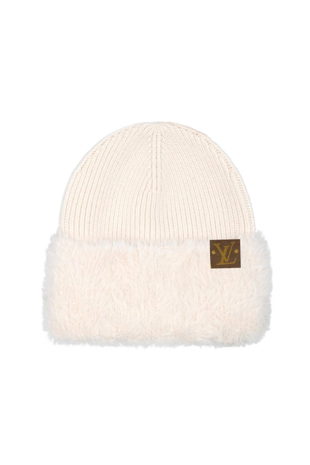 Upcycled Faux Fur Cuff Beanie: Black with Authentic Louis Vuitton Patch