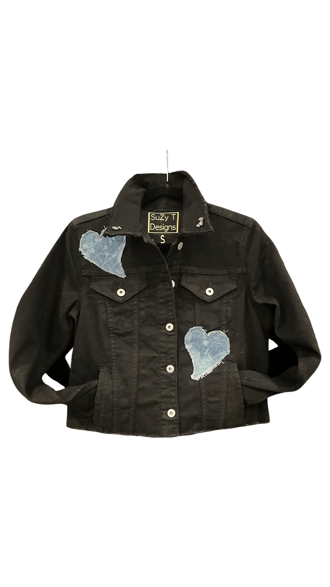 BLACK Denim Jean Jacket w/LOVE & HEARTS-Crystals at collar: Medium