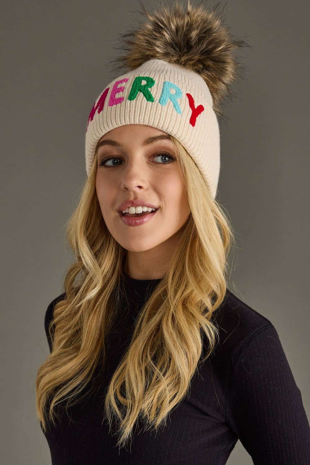 Beige Merry Knit Pom Hat
