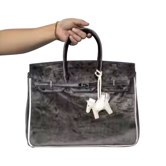 "The London" Velvet Tote Bag: Charcoal/Creme