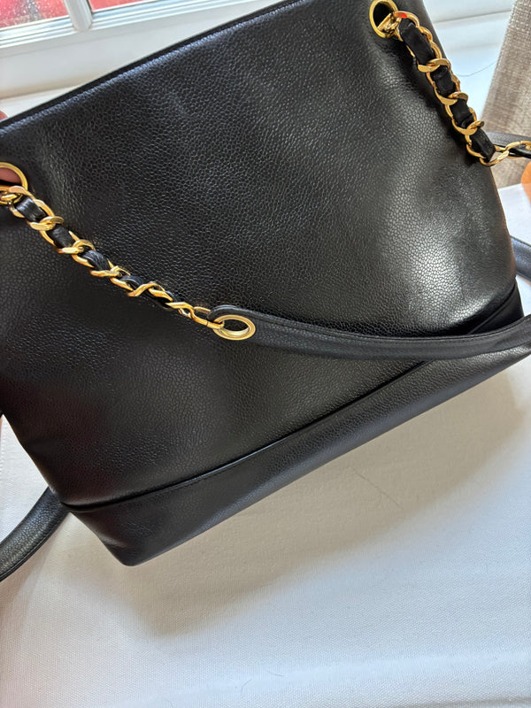 Chanel Vintage CC Ball Charm Shoulder Tote in Black Caviar with 24k Gold Hardware