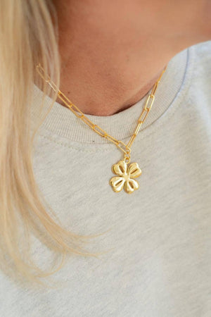 Gold Shamrock Charm Necklace with Paper Clip Chain - 18k Gold Plated - WS