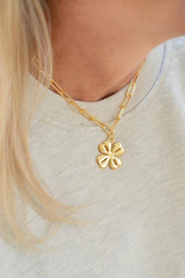 Gold Shamrock Charm Necklace with Paper Clip Chain - 18k Gold Plated - WS