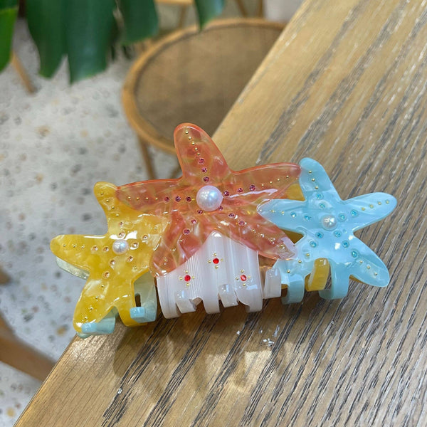 Rhinestone Starfish Hair Clip - Purple Yellow Pink or Orange Blue Yellow Starfish