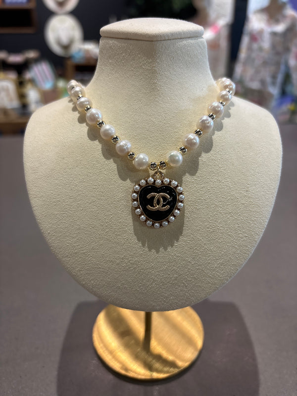 Chanel upcycled black medallion pearl stretch Cable Necklace