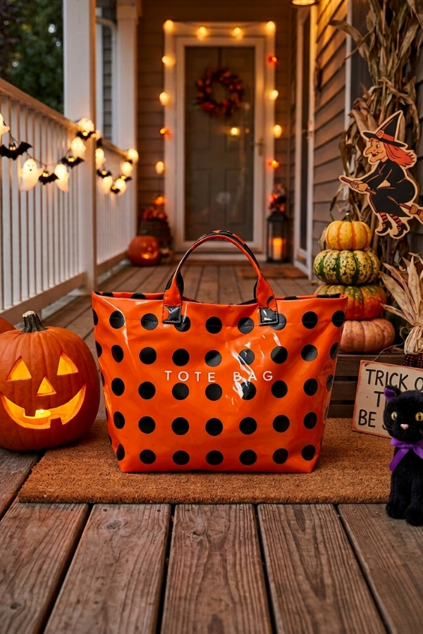 The Tote Bag | Orange & Black Polka Dot