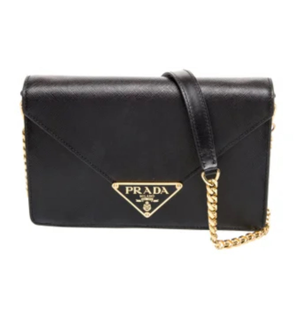 Prada Envelope Chain Shoulder Bag – Black Leather with Gold L