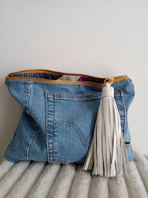 Upcycled Denim Clutch with White Tassel