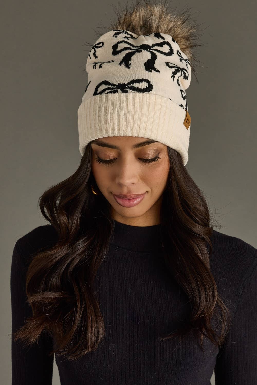 Beige & Black Bow Pom Hat