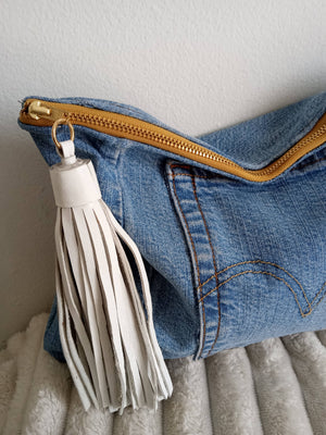 Upcycled Denim Clutch with White Tassel