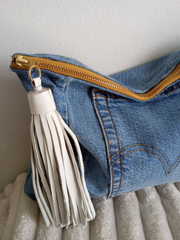 Upcycled Denim Clutch with White Tassel