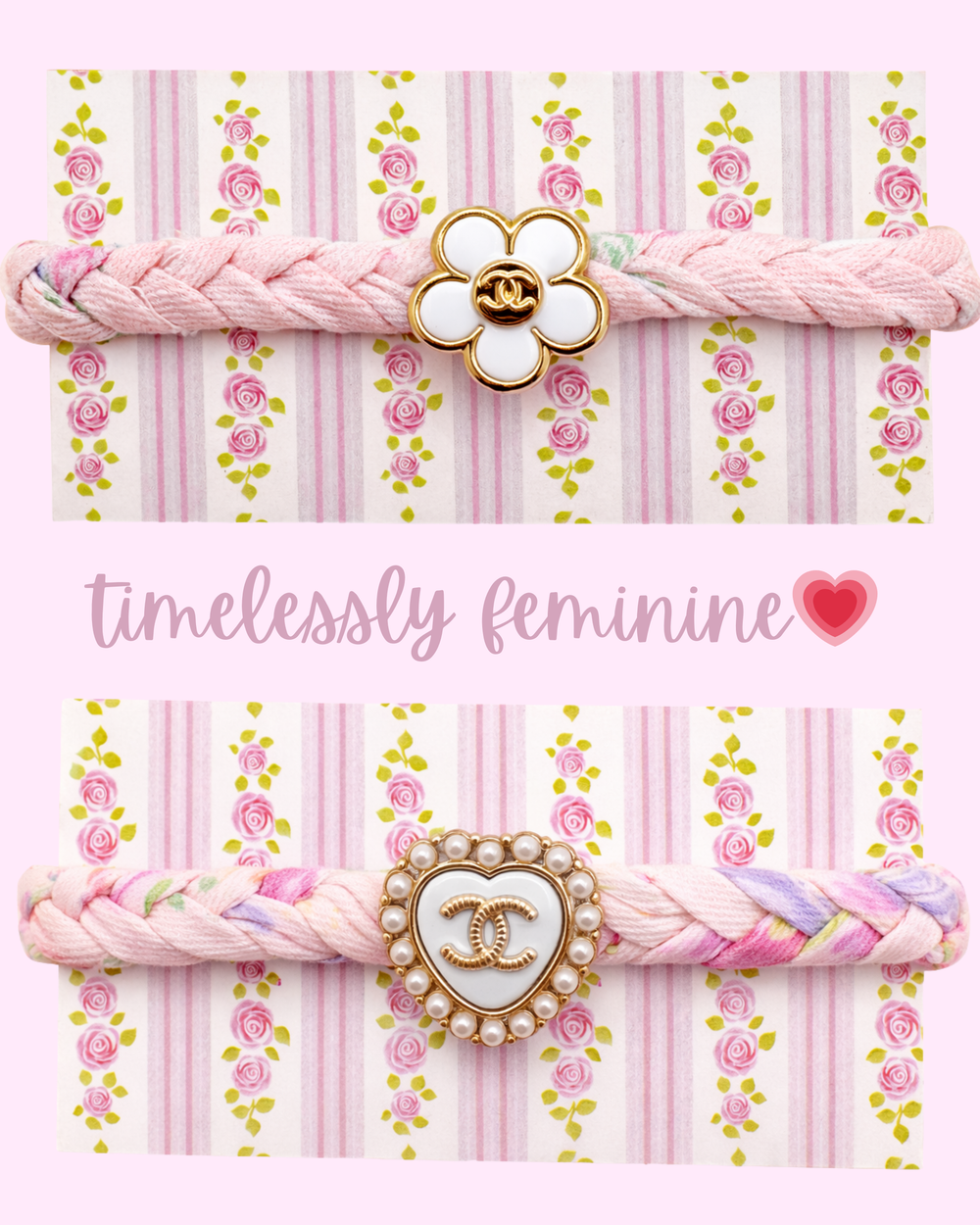 Upcycled Chanel Daisy Button Blush Rose Liberty Fabric Bracelet