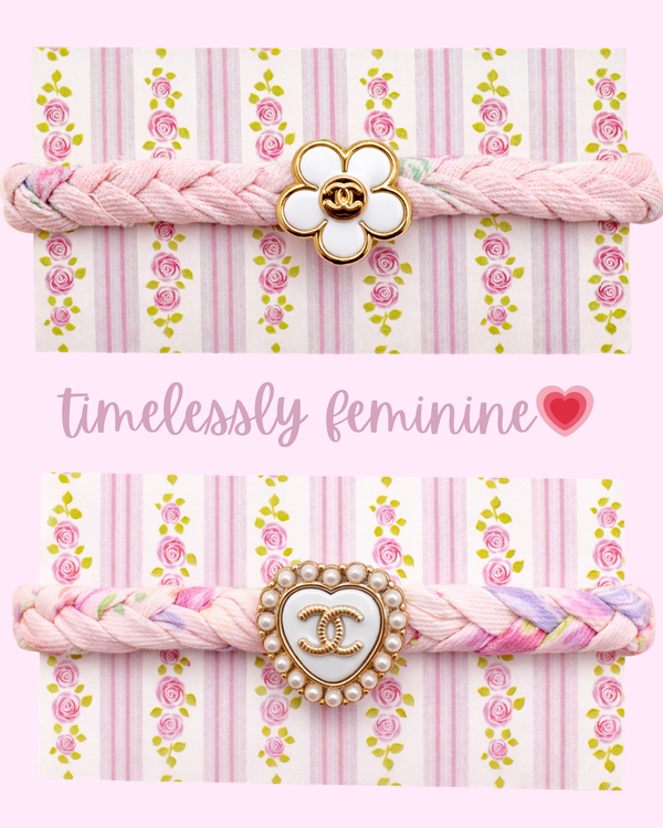 Upcycled Chanel Daisy Button Blush Rose Liberty Fabric Bracelet