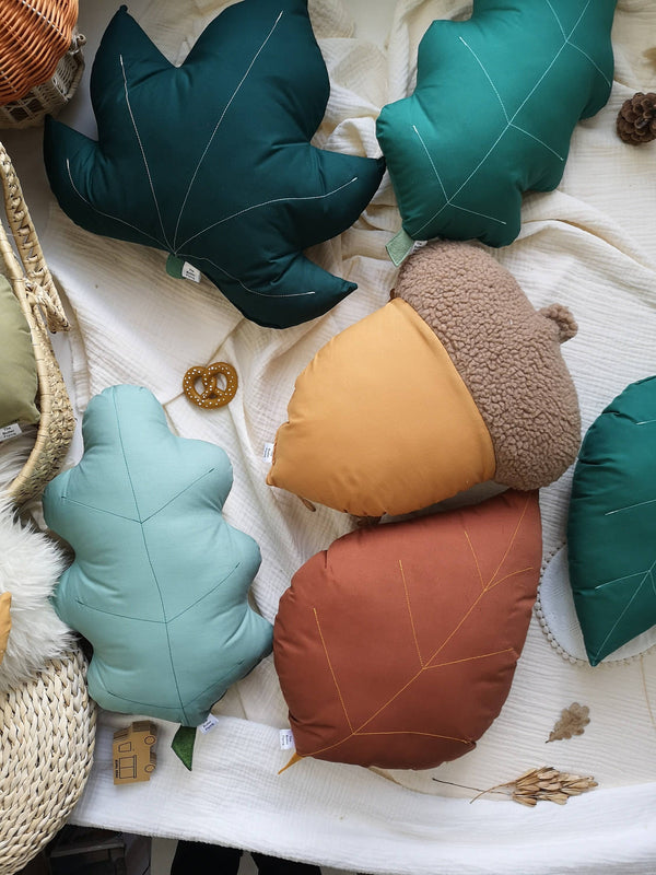 Green Acorn-shaped pillow | Woodland plush pillow: Olive green