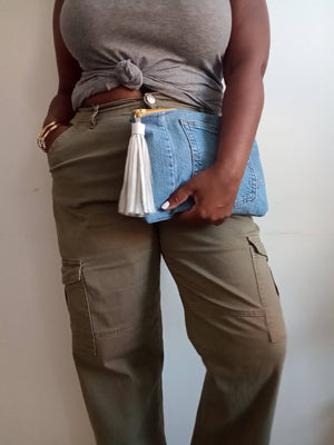Upcycled Denim Clutch with White Tassel