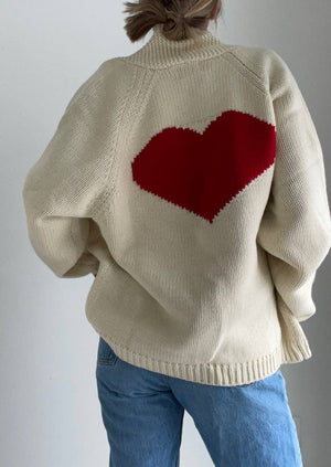 Varsity Chunky Heart Cardigan in Ivory/Red. M/L