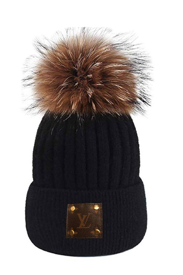 Up-Cycled LV Detachable Fur Pom Beanie: Burgundy or Black