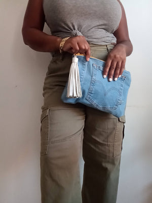 Upcycled Denim Clutch with White Tassel
