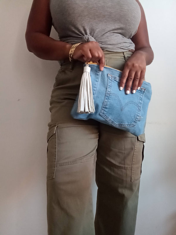 Upcycled Denim Clutch with White Tassel