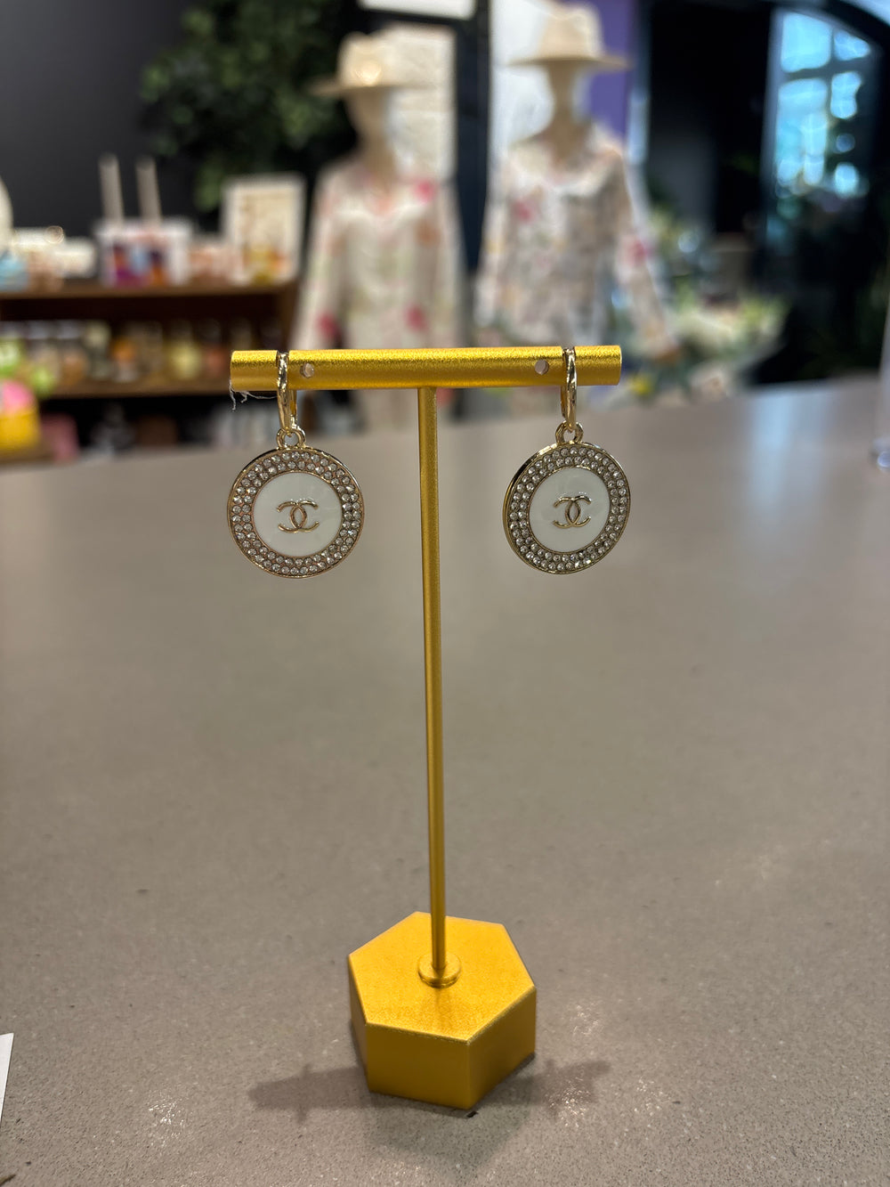 Chanel Upcycled gold rhinestone CC white hoop earrings