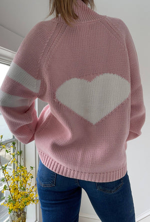 Varsity Heart Cardigan in Pink/White: XS/S