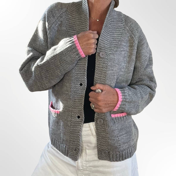 Heart Snow Varsity Cardigan in Gray/Yellow/Pink: M/L