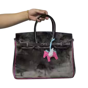 "The London" Velvet Tote Bag: Dark Olive/Fuchsia