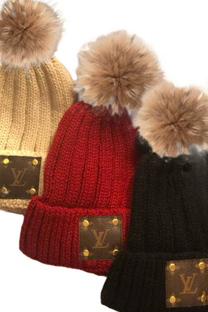 Up-Cycled LV Detachable Fur Pom Beanie: Burgundy or Black