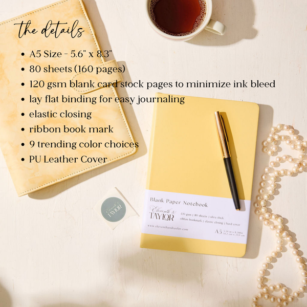 160 Page A5 Blank Journals: 120 GSM Thick Blank Card Stock: Yellow