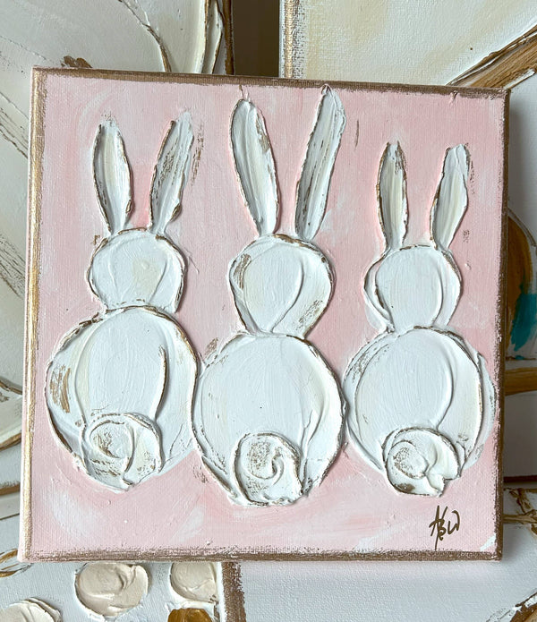 Bunny Trio  canvas  painted & textured  nursery | Easter: Sage blue