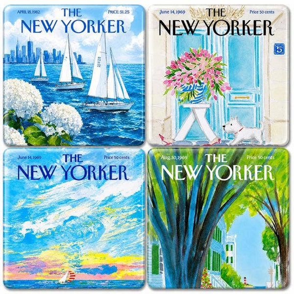 The Tray Girl Glass Coaster Set of 4 -New Yorker and Mr & Mrs - Choose your style