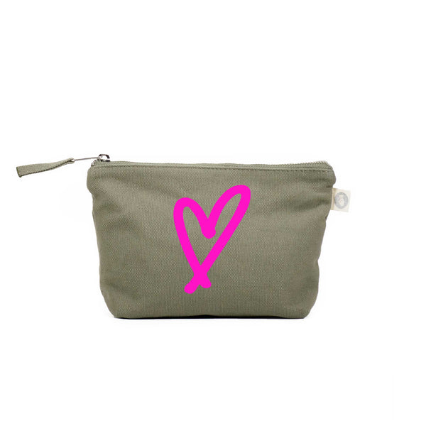 Olive Makeup Bag - Pink Scribble Heart