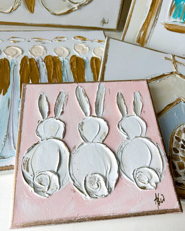 Bunny Trio  canvas  painted & textured  nursery | Easter: Sage blue