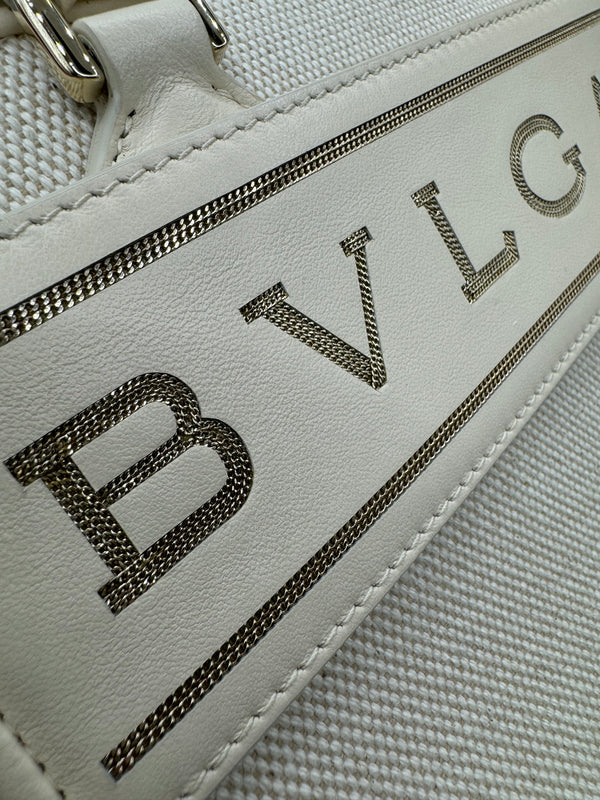 Bvlgari Cream Canvas Crystal metallic logo small Tote