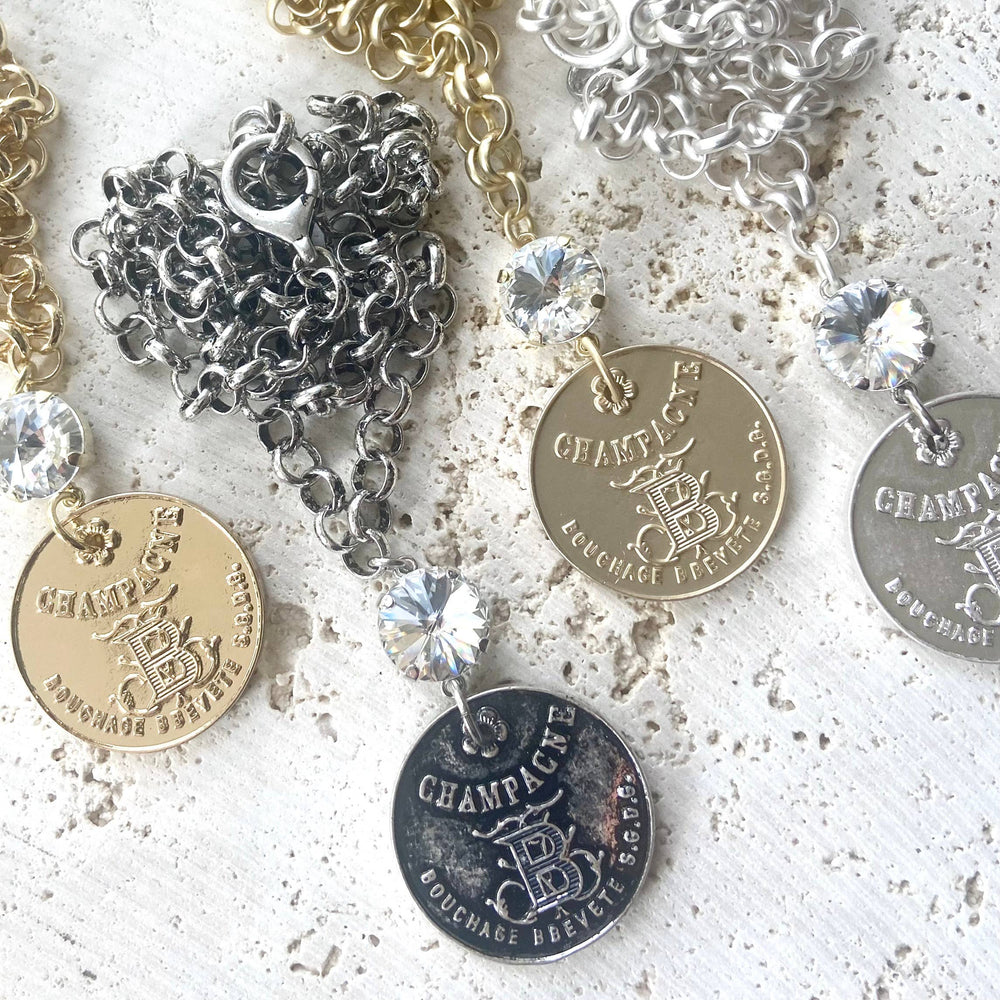 Champagne French coin necklace boutique salon jewelry: silver