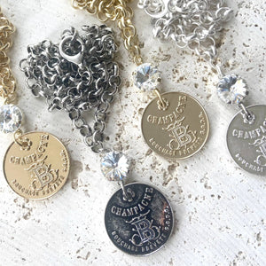 Champagne French coin necklace boutique salon jewelry: silver