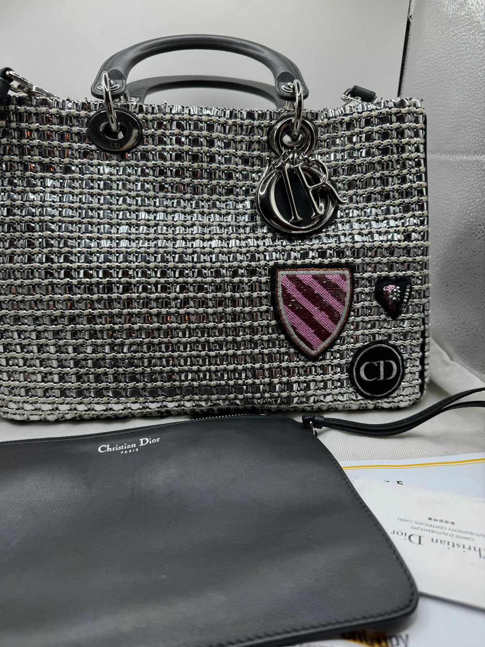 Christian Dior Limited Edition Large Diorissimo Tote – Metallic Tweed with Patches